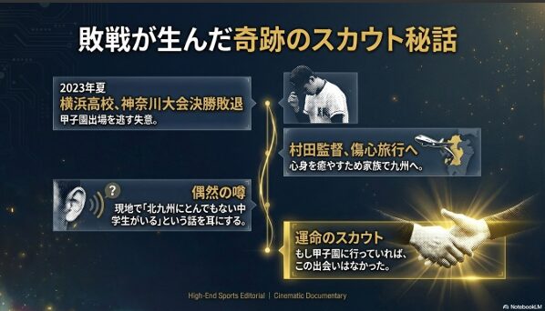 2023年夏の敗戦後、村田監督が九州旅行中に織田投手の噂を耳にした運命的な出会いを描いたエピソード図解