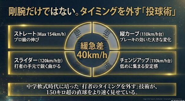 154km/hの直球に加え、縦カーブ、スライダー、チェンジアップを操る織田投手の緩急差40km/hの投球術解説