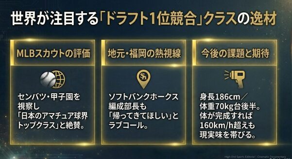 MLBスカウトや地元ソフトバンクが高く評価する、ドラフト1位競合クラスの織田投手のスカウティングレポート。