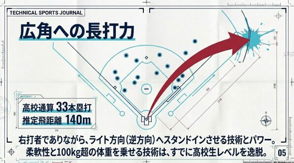 高校通算33本塁打。広角に打ち分ける長打力