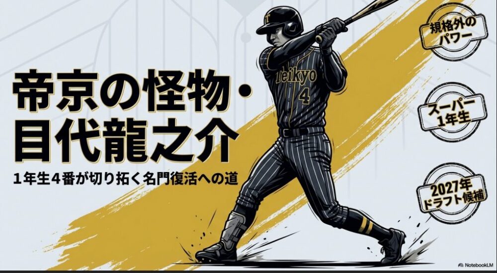 帝京高校のスーパー1年生、目代龍之介選手の紹介スライド。2027年ドラフト候補としての力強い文字が並ぶ。