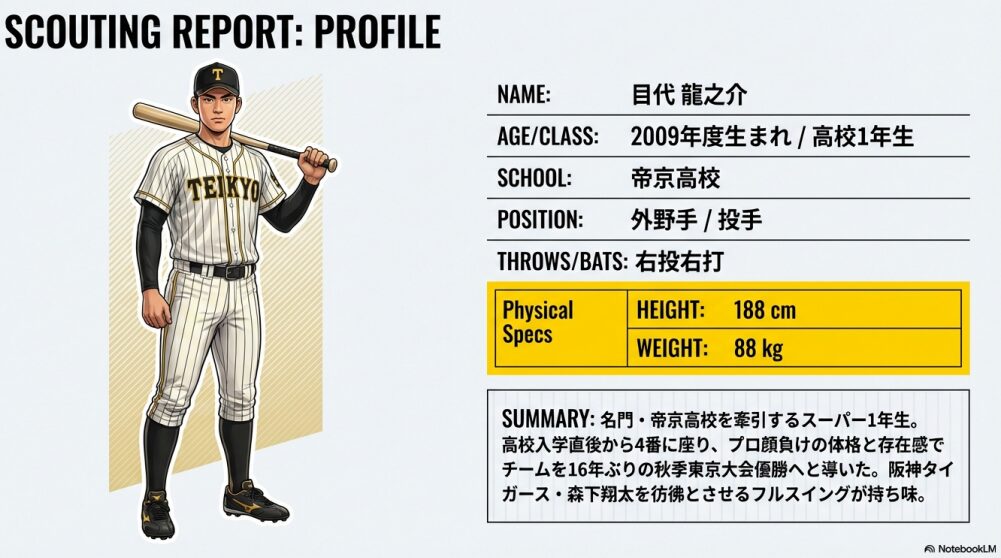 目代龍之介選手のプロフィール表。身長188cm、体重88kg、外野手兼投手の詳細データとユニフォーム姿のイラスト