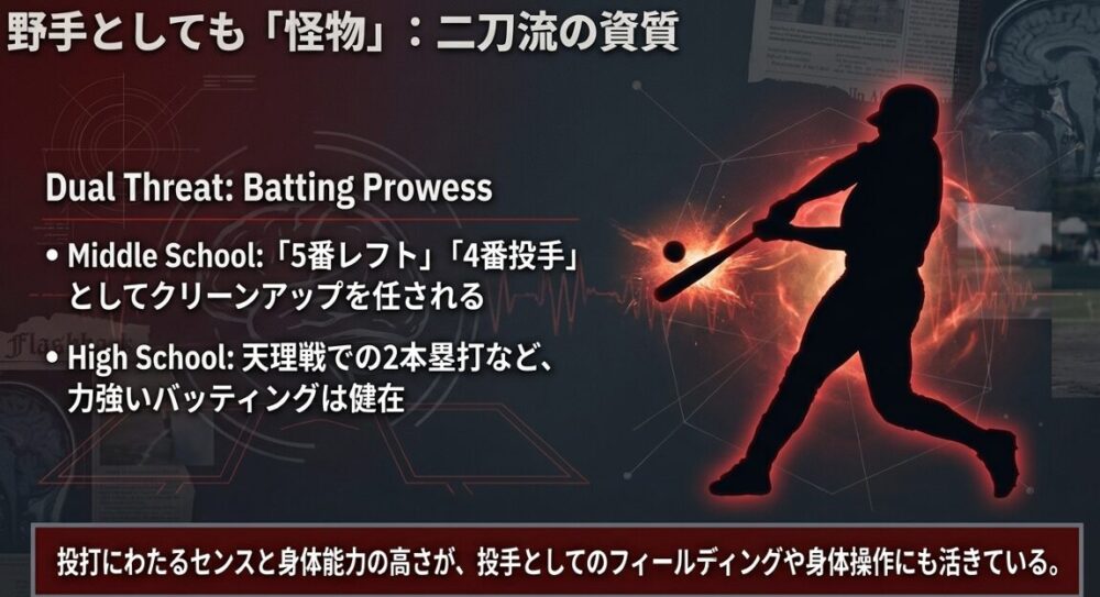 中学時代の「4番投手」「5番レフト」や高校での天理戦2本塁打を紹介するスライド