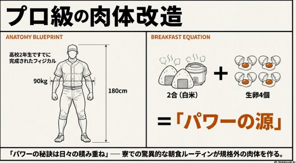 牟礼翔選手の肉体を作る朝食の秘訣として、白米2合と生卵4個を組み合わせた「朝食方程式」を示すイラストスライド