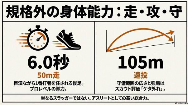 50m走6.0秒、遠投105mという牟礼翔選手の驚異的な脚力と強肩、高い総合力を解説した図解スライド