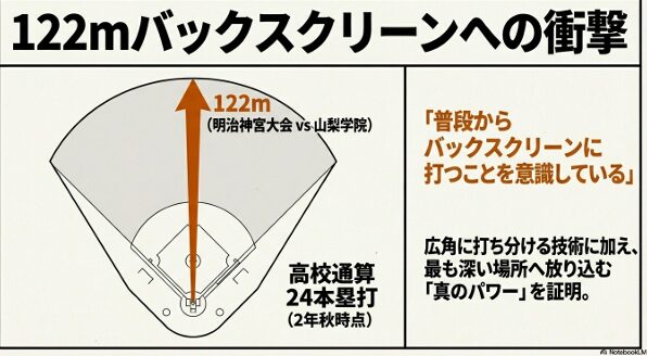 明治神宮大会での122mバックスクリーン弾や、高校通算24本塁打を記録した牟礼翔選手の長打力を示すスライド