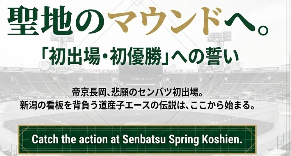 帝京長岡悲願のセンバツ初出場と、伝説の始まりを予感させるイメージ。