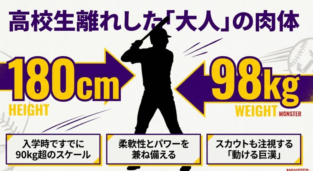 身長180cm、体重98kg。入学時ですでに90kgを超えていた赤間選手の体格データ。