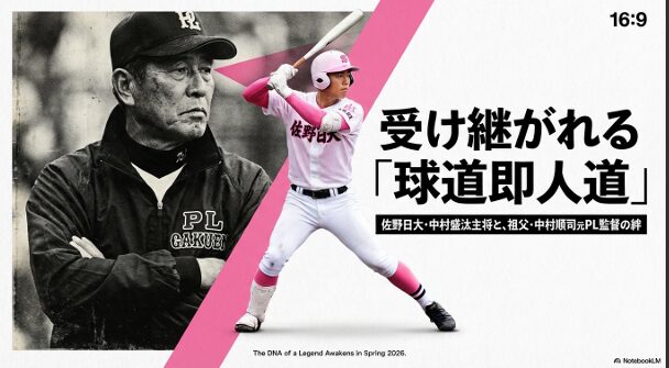 佐野日大の中村盛汰主将と、祖父である元PL学園監督の中村順司氏の絆を紹介するタイトルスライド