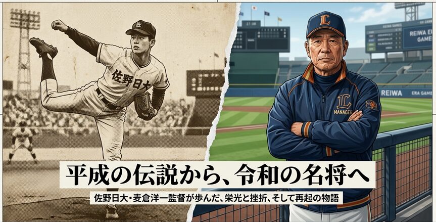 左に現役時代、右に現在の姿が並ぶ佐野日大・麦倉洋一監督の軌跡