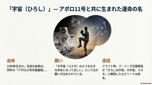 1969年のアポロ11号月面着陸と芝草宇宙投手を重ね、名前の由来である父の願いを解説する資料