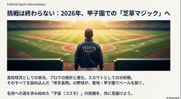 帝京長岡のウェアを着てグラウンドを見つめる芝草宇宙監督と「芝草マジック」への期待を込めたドキュメンタリー風スライド