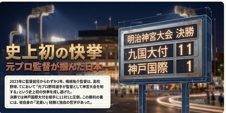 明治神宮大会決勝で神戸国際大付を11対1で破り、史上初の元プロ監督として優勝を果たした九国大付・楠城祐介監督のスライド