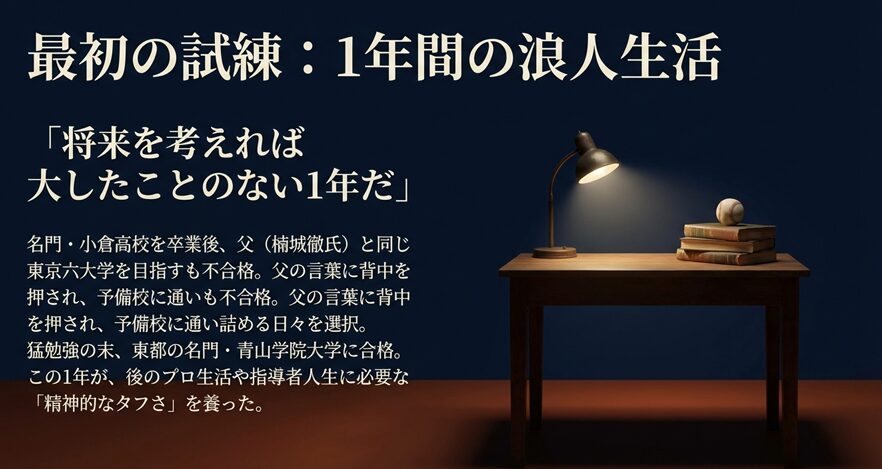 将来を考えれば大したことのない1年だ」という父・徹氏の言葉と、青学大合格を勝ち取った浪人時代の振り返りスライド
