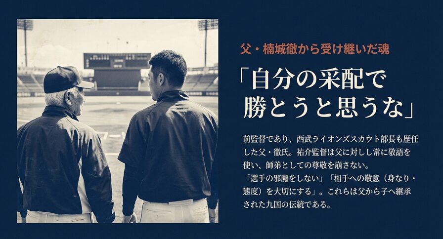 父・楠城徹氏の背中を見つめる息子・祐介監督のビジュアルと、「自分の采配で勝とうと思うな」という教えの引用