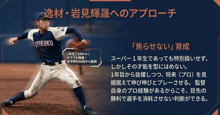 1年生188cmの怪物・岩見輝晟選手に対し、プロ経験者として目先の勝利で消耗させない伸び伸びとした指導方針