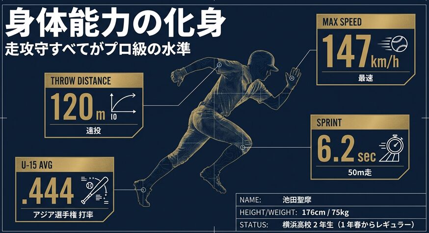 池田聖摩選手の遠投120m、最速147km/h、50m走6.2秒、打率.444などの身体能力データ一覧