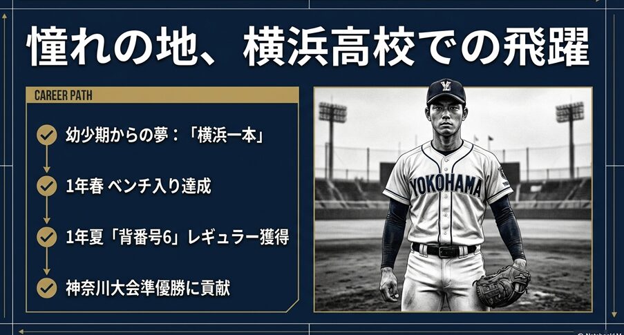 横浜高校のユニフォームを着用した池田選手と、1年春のベンチ入りから1年夏のレギュラー獲得までの経歴