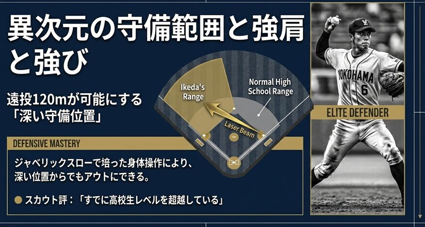 一般的な高校生ショートと池田聖摩選手の守備範囲を比較した図解とレーザービームの解説