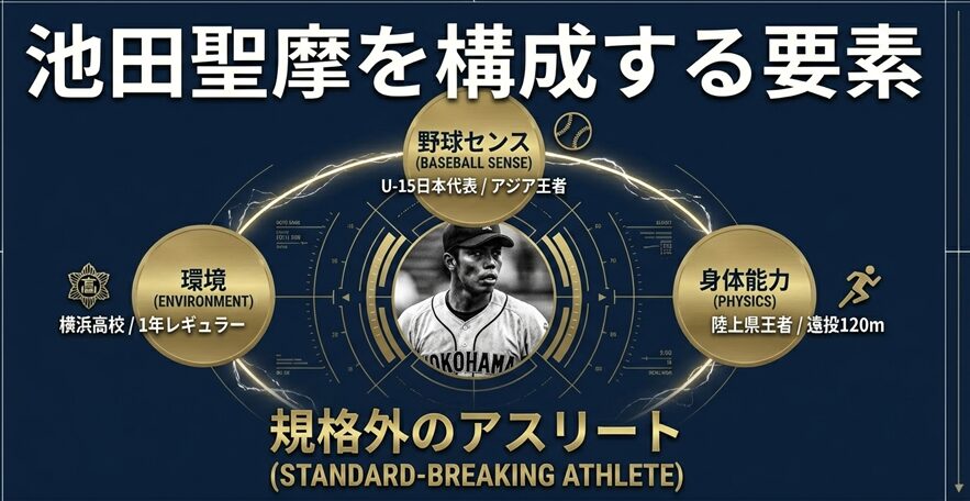 野球センス、環境、規格外のアスリート能力の3軸で構成された池田聖摩選手のまとめ図解