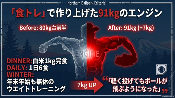 1日6食、夕食に白米1kgなどの食トレにより、体重が80kg台から91kgへ増量したBefore/After