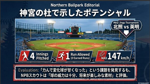 明治神宮大会の英明戦。4回自責点0、最速147キロを計測した神宮でのポテンシャル