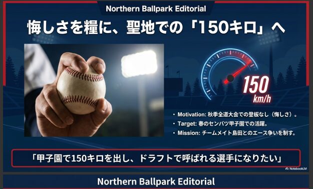 秋の悔しさを晴らすため、春のセンバツ甲子園での150キロ計測とドラフト指名を誓う目標