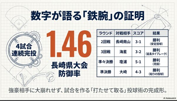 長崎県大会での対戦成績と防御率1.46を記録した熊投手の実績データ