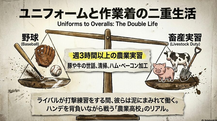 豚や牛の世話、ハム・ベーコン加工などの農業実習と野球部活動を両立させる高知農球児のリアルな日常