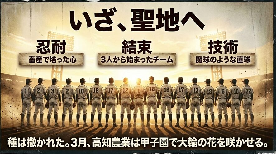 忍耐、結束、技術を武器に、3月の甲子園で大輪の花を咲かせることを誓う最終スライド