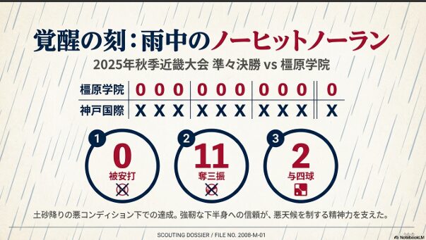 2025年秋季近畿大会準々決勝・橿原学院戦でのノーヒットノーラン達成スコアボード
