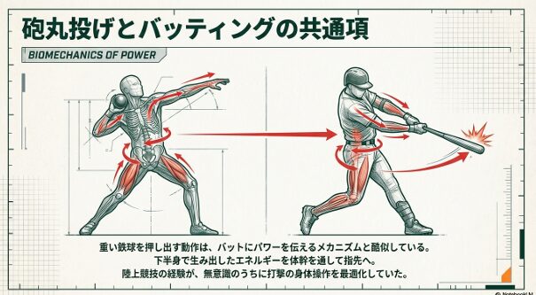 鉄球を押し出す動作とバットにパワーを伝える共通の身体操作を解説したスライド