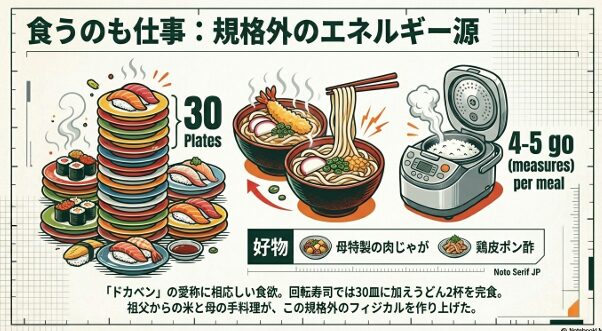 回転寿司30皿や1食4〜5合の白飯など、身体を作り上げた食生活をまとめたスライド