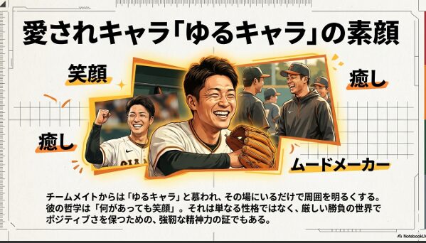 チームメイトから慕われる「ゆるキャラ」としての魅力と笑顔の哲学をまとめたスライド
