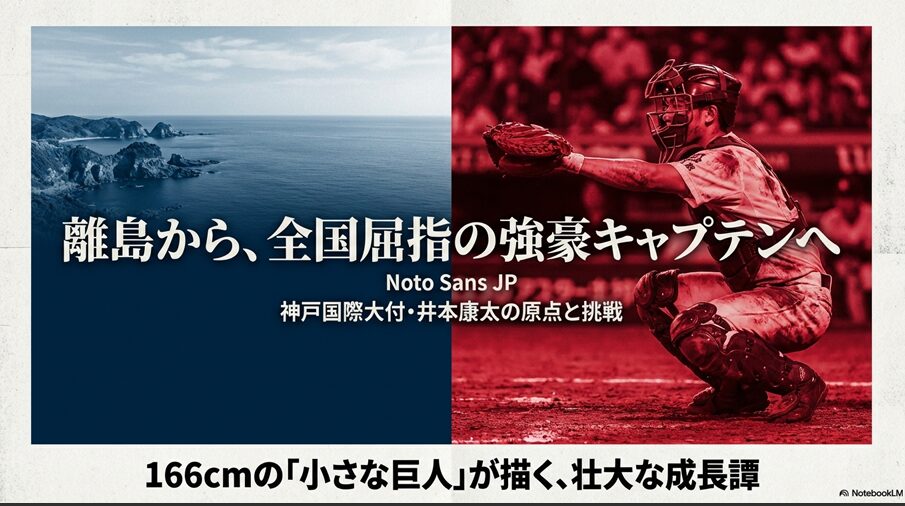 神戸国際大付の主将、井本康太選手の離島からの挑戦と成長物語を紹介するタイトルスライド