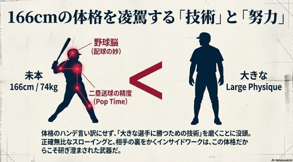166cmという体格を補うための正確な二塁送球や配球の妙、努力の重要性を強調した解説スライド