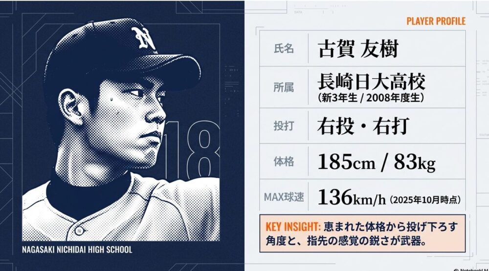 長崎日大・古賀友樹投手の身長、体重、投打、最速136km/hなどの詳細データ表