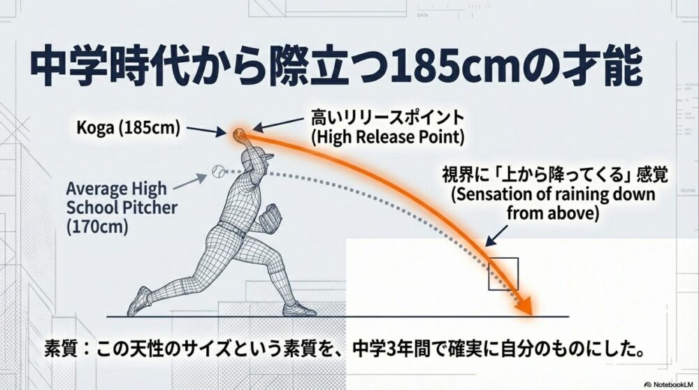 古賀友樹投手の185cmの身長を活かした高いリリースポイントと角度のある投球の仕組み図