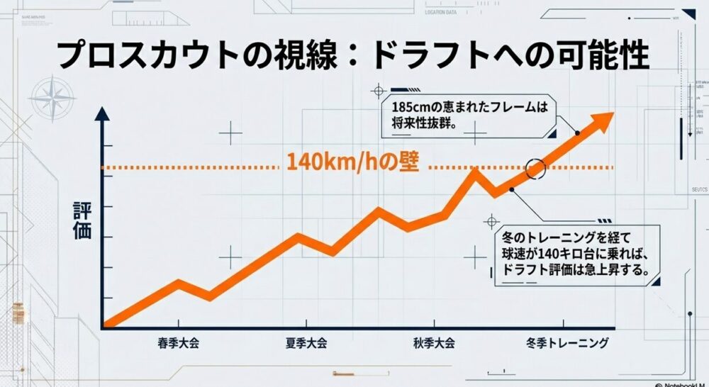 冬のトレーニングを経て球速140km/h台を目指す古賀投手のドラフト評価上昇予想図