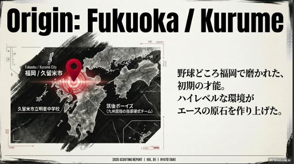 龍頭汰樹選手の出身地である福岡県久留米市と所属した筑後ボーイズの紹介スライド