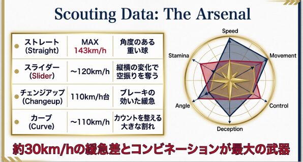 最速143キロのストレートの軌道と、各変化球(スライダー・カーブ等)のデータをまとめたスライド