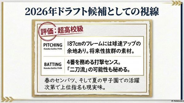 スカウトの評価や将来のプロ入りへの期待感、ポテンシャルを総括したドラフト候補スライド