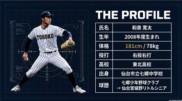 和泉寛太投手の身長181cm、体重78kg、出身の仙台市立七郷中学校などの詳細プロフィール