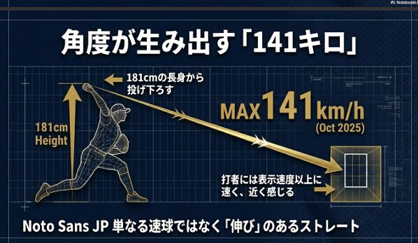 181cmの長身から投げ下ろすMAX141km/hのストレートと「伸び」の解説 。