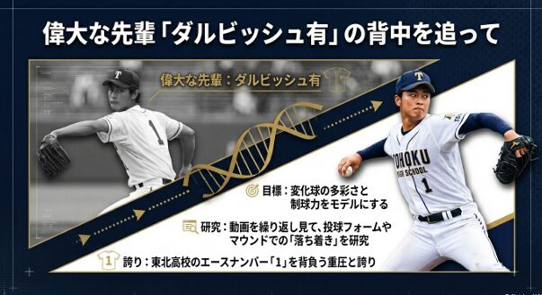 東北高校の先輩ダルビッシュ有投手を目標に、動画で投球フォームを研究する和泉投手 。