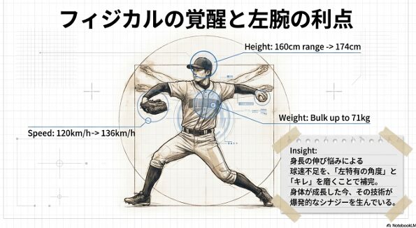 土田義貴投手の身長・体重の推移。174cm、71kgへとバルクアップし、左腕特有の角度とキレを磨いた解説
