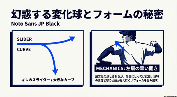 左肩の早い開きを武器に変え、独特の角度からスライダーとカーブを投げ込む伴田蒼生のメカニクス