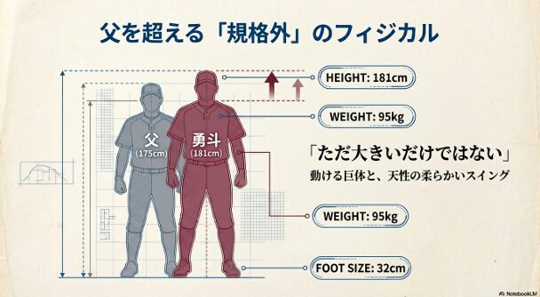 中村勇斗選手（181cm）と父・剛也選手（175cm）の体格比較図。足のサイズは32cm