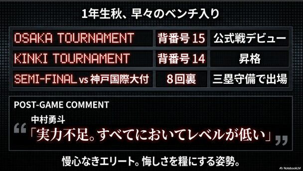 中村勇斗選手の大阪桐蔭での戦績。大阪大会背番号15、近畿大会背番号14での出場記録