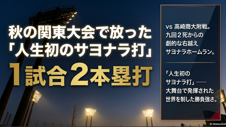 秋の関東大会・高崎商大附戦での1試合2本塁打とサヨナラ弾の記録スライド